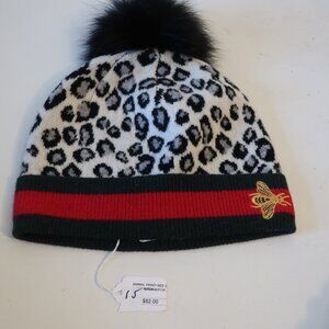 NWT Womens Tina Demel Blk, Green, Red Animal Print/Bee Beanie Hat W/Fox Fur Ball